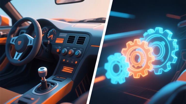 自动生成图片: Split-screen illustration showing a race car's dashboard with a manual shifter on one side and a dynamic, glowing gear visualization on the other, soft blue and orange lighting, clean game UI aesthetic high quality illustration, detailed, 16:9
