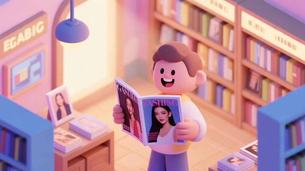 A cozy, isometric view of a game bookstore interior, with a character happily holding a fashion magazine that has their own portrait on the cover, soft pastel color palette, warm lighting high quality illustration, detailed, 16:9