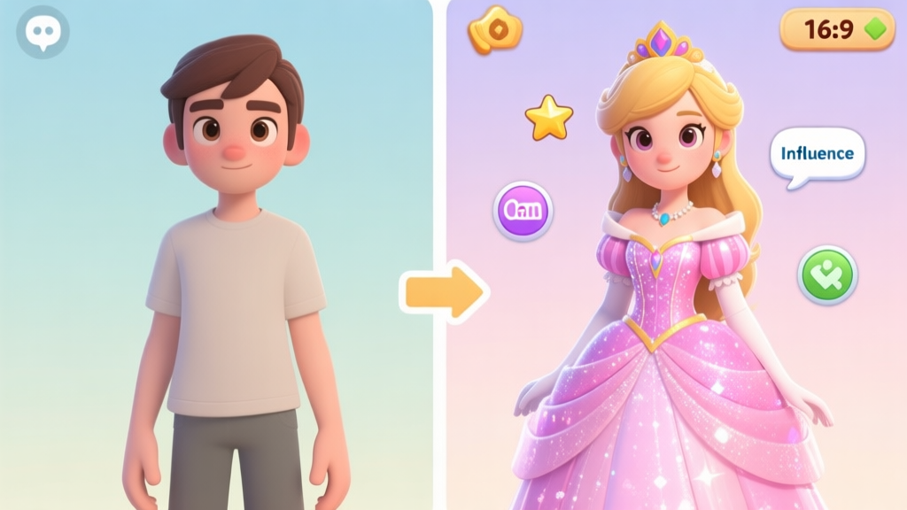 A split-screen illustration showing a game character in plain clothes on the left and the same character in a sparkling, elegant princess-style gown on the right, with subtle stat icons like a star for Charm and a speech bubble for Influence floating around the right side, soft pastel background high quality illustration, detailed, 16:9