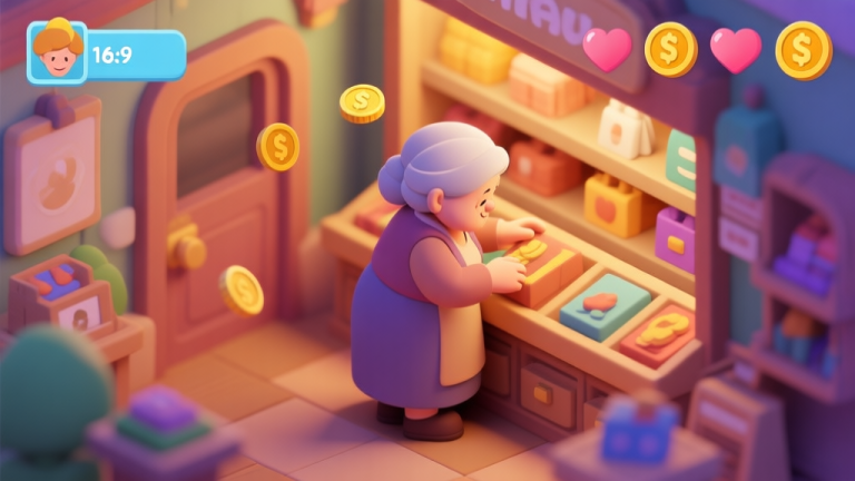 自动生成图片: A cozy, isometric view of a game character (a motherly figure) browsing items in a vibrant but softly-lit in-game shop, with subtle stat icons like hearts and coins floating nearby, warm color palette high quality illustration, detailed, 16:9