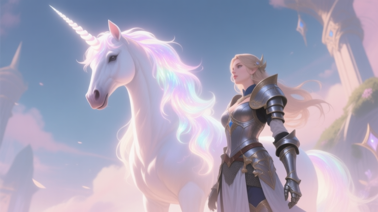 自动生成图片: A majestic, glowing unicorn with a shimmering mane stands beside an elegant, armored female character in a fantasy game setting, soft pastel and ethereal lighting, viewed from a low angle to emphasize rarity and power high quality illustration, detailed, 16:9