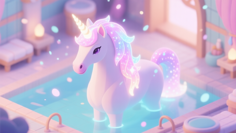 自动生成图片: A majestic, glowing unicorn with a sparkling mane in a serene, pastel-colored spa setting within a fantasy game world, soft magical particles floating around, isometric view, soft lighting high quality illustration, detailed, 16:9