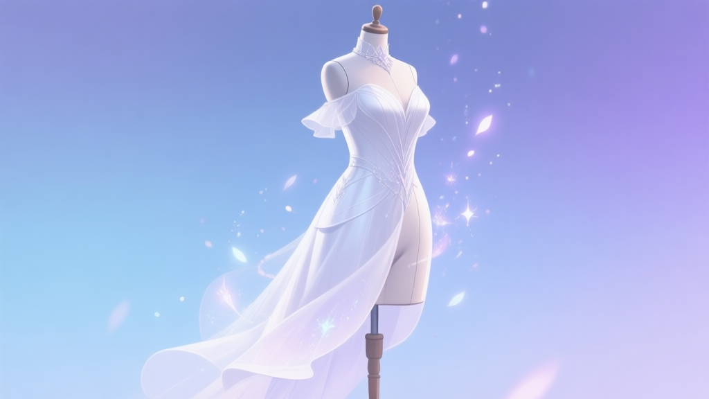 A stylized, elegant white dress with subtle magical particles floating around it, displayed on a mannequin against a soft gradient background of pastel blue and purple, game item concept art style high quality illustration, detailed, 16:9