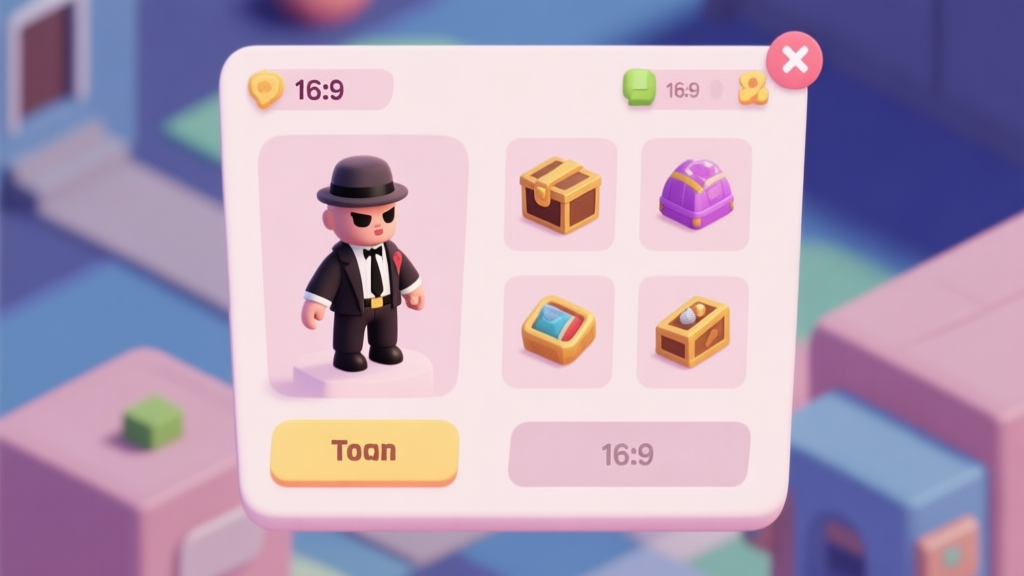 A stylized, isometric view of a game inventory screen highlighting a unique gangster doll costume item among other common loot, soft pastel color palette, clean UI design high quality illustration, detailed, 16:9