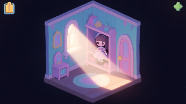 自动生成图片: A dimly lit, whimsical dollhouse interior in an isometric game view, with a single ray of light highlighting a mysterious, half-hidden doll on a shelf, soft pastel colors, painterly style high quality illustration, detailed, 16:9