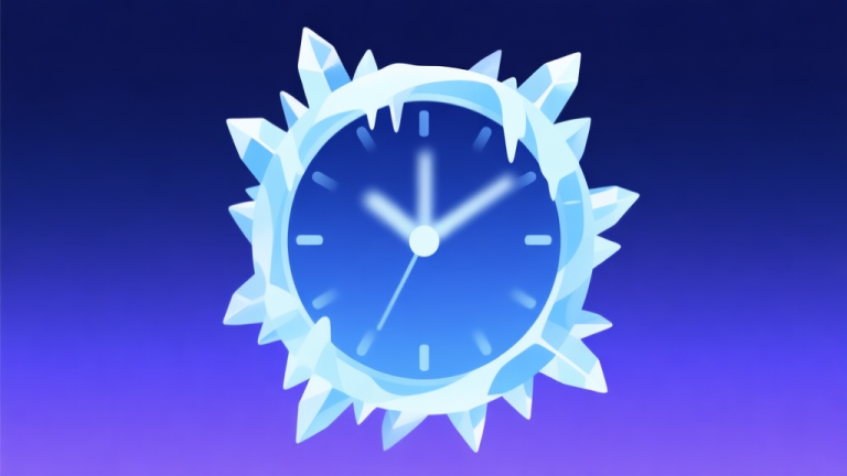 自动生成图片: A stylized, minimalist illustration of a frozen clock with ethereal ice crystals forming around its edges, set against a deep blue and purple gradient background. The clock hands are blurred, suggesting manipulated time. high quality illustration, detailed, 16:9