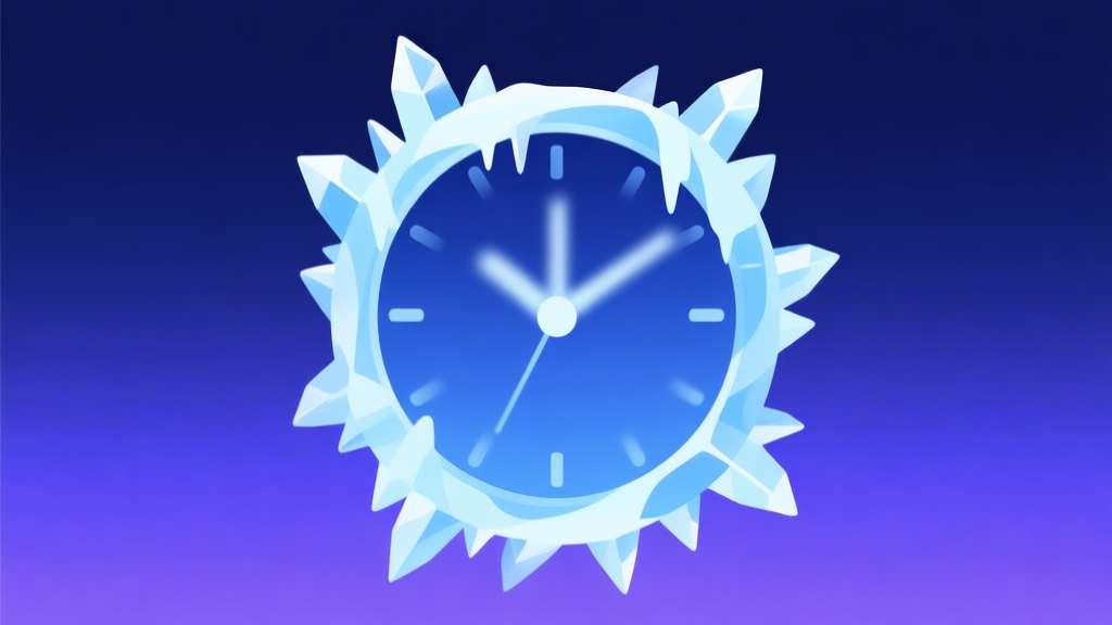 A stylized, minimalist illustration of a frozen clock with ethereal ice crystals forming around its edges, set against a deep blue and purple gradient background. The clock hands are blurred, suggesting manipulated time. high quality illustration, detailed, 16:9
