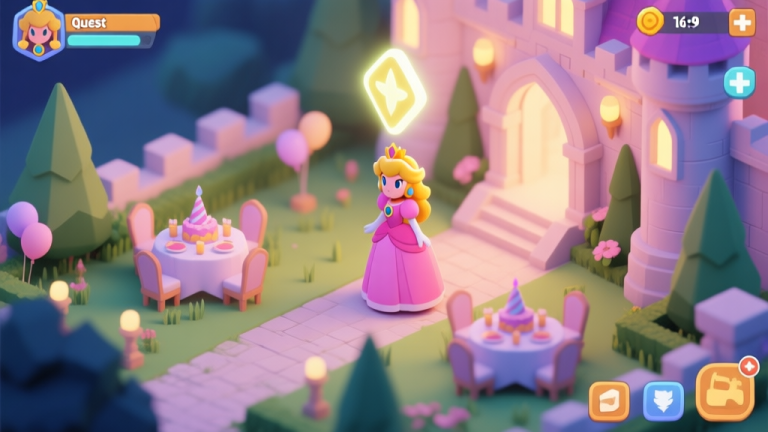自动生成图片: An isometric view of a fantastical birthday party scene in a castle garden, with a glowing quest marker above a princess character, soft pastel colors, warm lighting, game UI elements subtly visible high quality illustration, detailed, 16:9