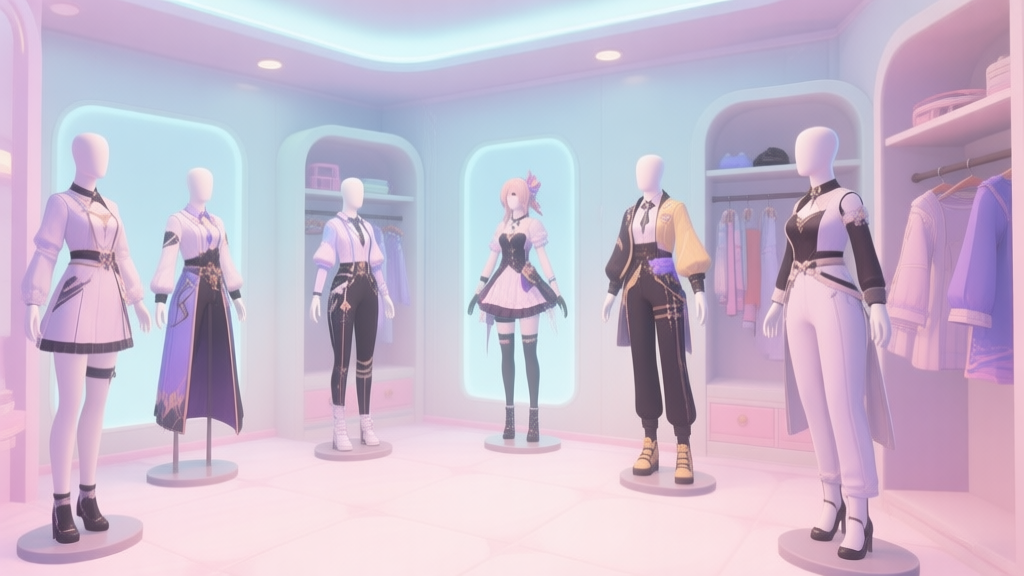 A stylish collection of character outfits and skins displayed on mannequins in a soft-lit virtual dressing room, pastel color palette, clean and modern game UI aesthetic high quality illustration, detailed, 16:9