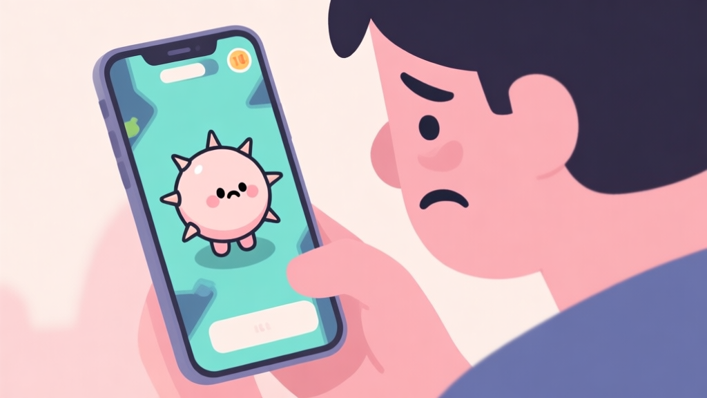 A frustrated player looking at a mobile phone screen showing a cute, round blob character stuck between spikes, in a minimalist game art style, soft pastel colors high quality illustration, detailed, 16:9