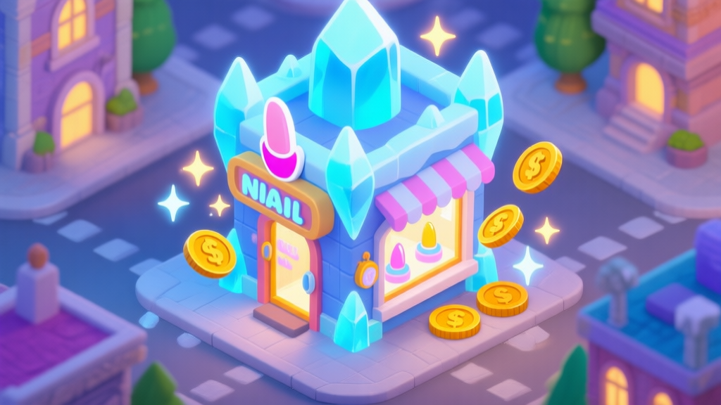 A vibrant, isometric view of a fantasy game city with a glowing, ice-themed nail salon building, coins and sparkles floating out from its doors, in a cheerful mobile game art style high quality illustration, detailed, 16:9