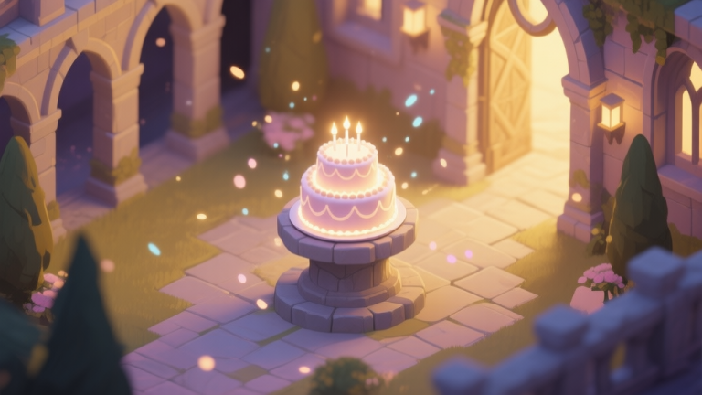 自动生成图片: A beautifully rendered, isometric view of a hidden fantasy game courtyard at dusk, with a glowing wedding cake on a stone pedestal, soft magical particles floating around, muted gold and pastel color palette, digital painting style high quality illustration, detailed, 16:9