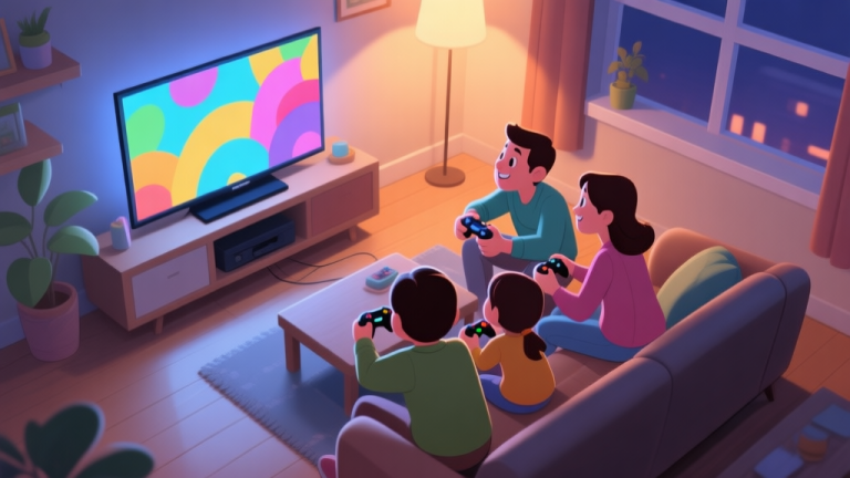 自动生成图片: A cozy living room scene from a high-angle view, a family of four playing a colorful video game together on a large TV screen, soft evening lighting, warm and inviting atmosphere, cartoonish but detailed art style high quality illustration, detailed, 16:9