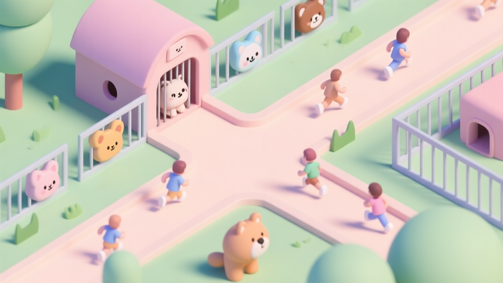 A top-down, isometric view of a stylized digital zoo in soft pastel colors, with cute animal icons escaping their enclosures and tiny visitor avatars running in opposite directions, creating a scene of controlled chaos high quality illustration, detailed, 16:9