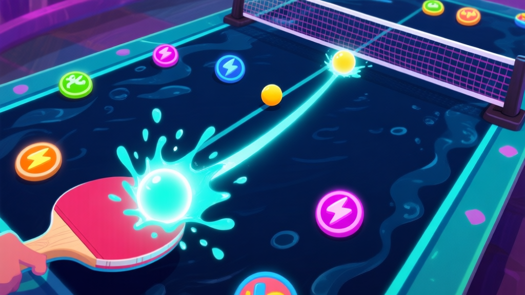 A dynamic, top-down view of a vibrant Splish Drago Pong match in progress, showing a glowing ball trajectory, paddle splashes, and colorful power-up icons on a dark aquatic-themed game board, soft neon color palette high quality illustration, detailed, 16:9