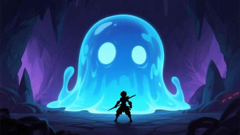自动生成图片: A dark, cavernous boss arena with a giant, translucent blue slime creature (Gooey Yama) in the center, glowing with a soft internal light. A small, determined character silhouette stands in the foreground, ready for battle. Moody lighting, soft blues and purples. high quality illustration, detailed, 16:9