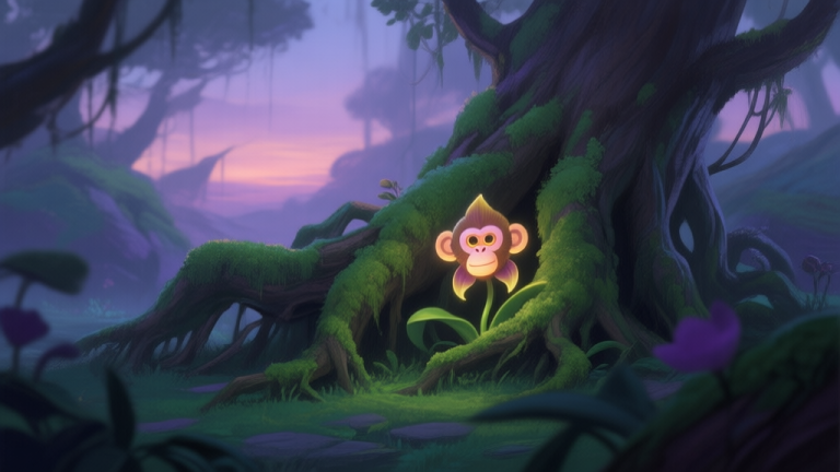 自动生成图片: A serene, mystical game environment at dusk, showing a glowing Monkey Orchid partially hidden among tree roots and moss, soft green and purple color palette, painterly style high quality illustration, detailed, 16:9
