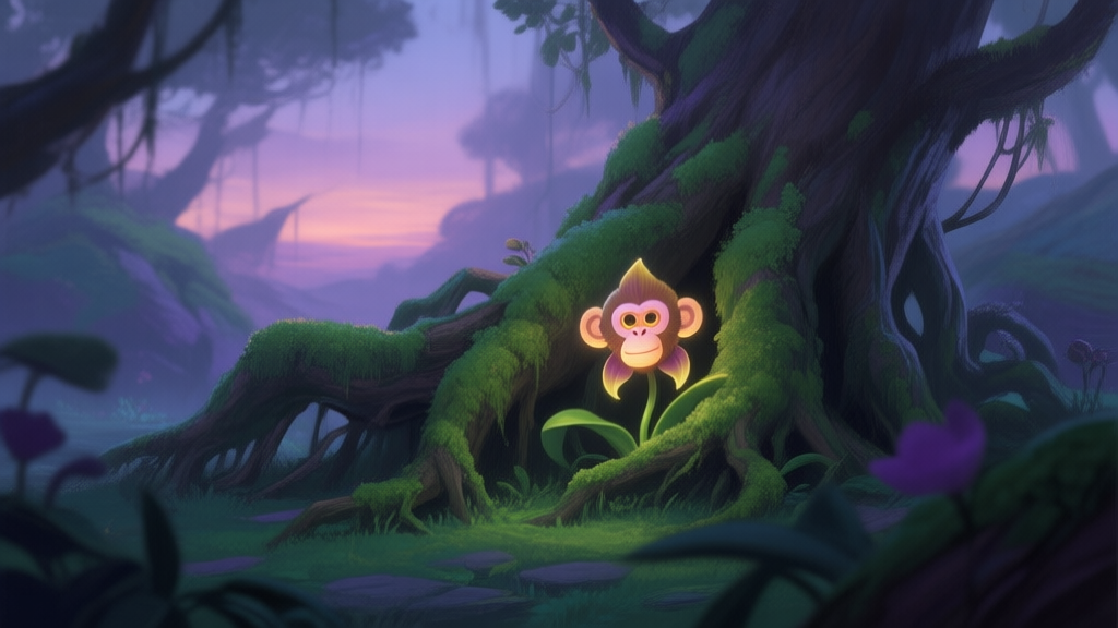 A serene, mystical game environment at dusk, showing a glowing Monkey Orchid partially hidden among tree roots and moss, soft green and purple color palette, painterly style high quality illustration, detailed, 16:9