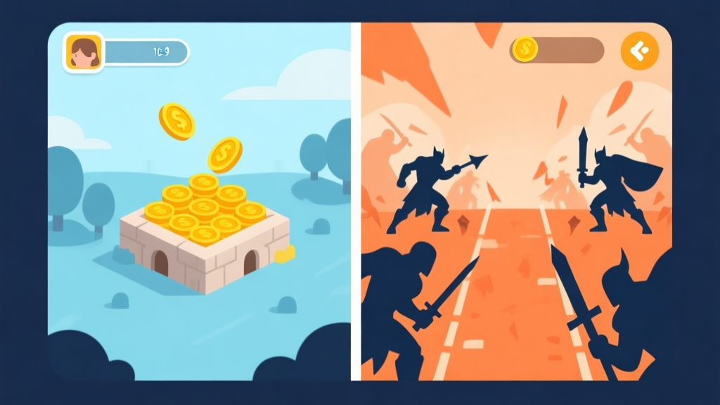 A minimalist game interface split screen showing a peaceful base on one side generating gold coins, and a chaotic battle lane on the other side with simple hero silhouettes, soft blue and orange color scheme, flat design high quality illustration, detailed, 16:9