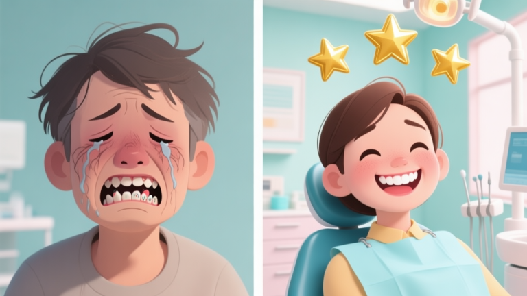自动生成图片: A split-screen image showing a sad patient with messy teeth on the left, and the same patient with a perfect, sparkling smile and three golden stars floating above on the right, in a cheerful dentist clinic setting, soft pastel colors high quality illustration, detailed, 16:9