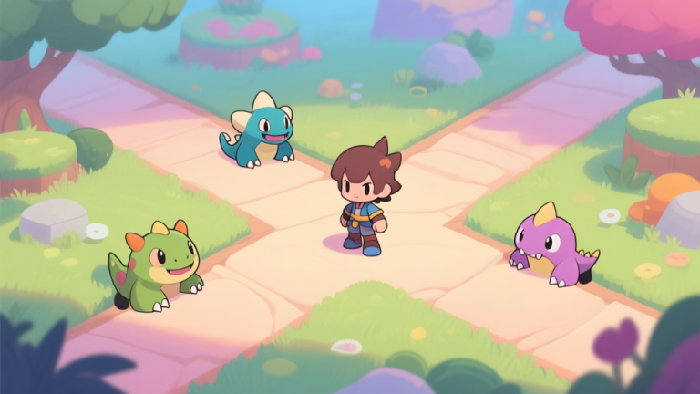 自动生成图片: A welcoming, soft-colored game scene showing a new player character at a crossroads in a vibrant Dynamons world, with three distinct starter monsters peeking from different paths, rendered in a friendly, illustrative style high quality illustration, detailed, 16:9
