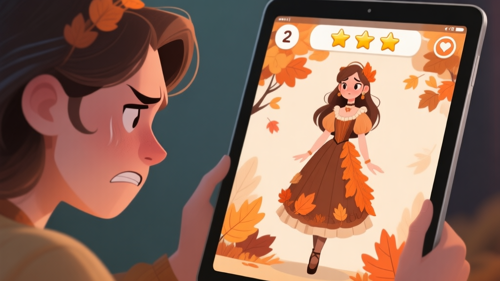 A frustrated player looking at a tablet screen showing a 2-star rating in a dress-up game, with a beautifully dressed autumn-themed character on screen, soft autumn color palette of orange, brown, and beige high quality illustration, detailed, 16:9