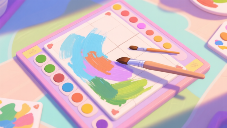 自动生成图片: A top-down view of a vibrant Puzzle Painter game board in soft pastel colors, showing a partially completed painting with a limited number of brush strokes remaining, creating a sense of strategic tension high quality illustration, detailed, 16:9
