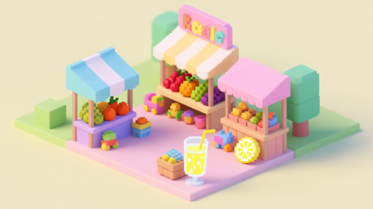 自动生成图片: A cheerful, isometric view of a colorful virtual kids' marketplace with simple stalls selling pixelated fruits, toys, and lemonade, soft pastel color palette, friendly and inviting atmosphere high quality illustration, detailed, 16:9