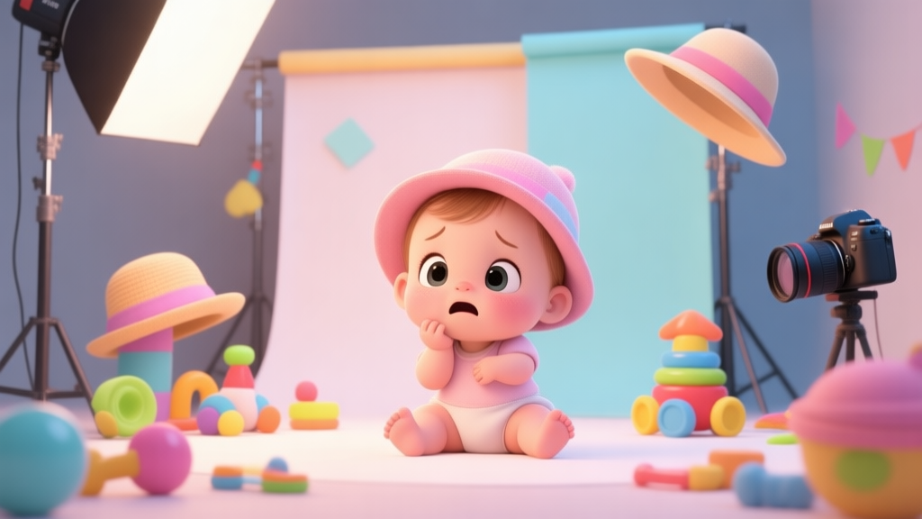 A cheerful cartoon baby girl in a photography studio, surrounded by colorful props like hats, toys, and backdrop options, looking confused but adorable, soft pastel color palette high quality illustration, detailed, 16:9