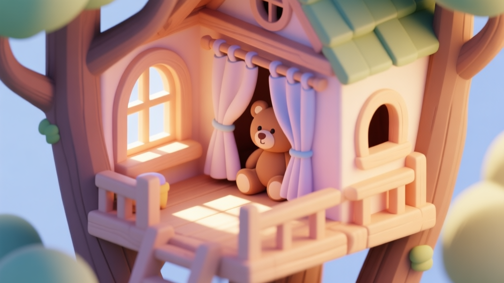 A cozy, detailed isometric illustration of a child's treehouse interior, with soft sunlight filtering through windows, showing a hint of a hidden teddy bear behind a curtain, in a warm and gentle color palette with pastel shades high quality illustration, detailed, 16:9