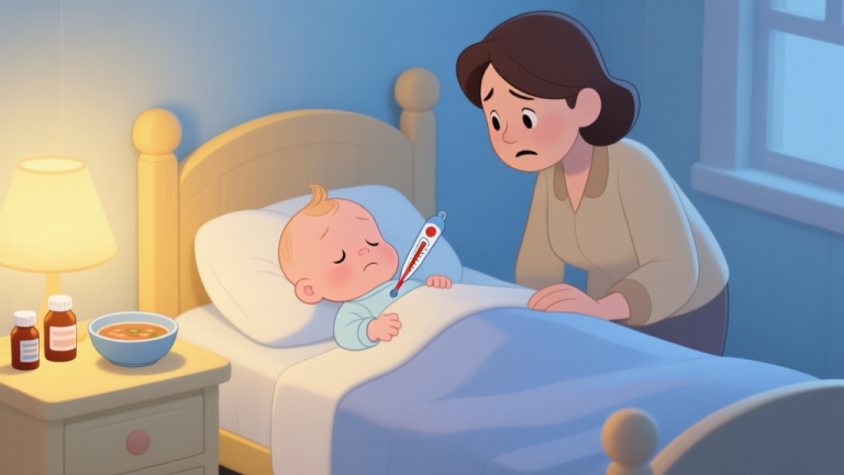 自动生成图片: A cozy, softly lit children's bedroom scene in a cartoon style. A sick baby with a thermometer is in bed, with a concerned parent figure nearby. Medicine bottles and a bowl of soup are on a nightstand. The color palette is warm but muted, with gentle blues and yellows. high quality illustration, detailed, 16:9