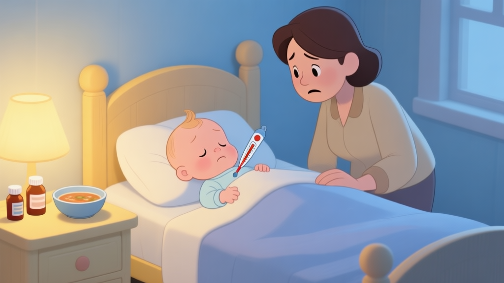 A cozy, softly lit children's bedroom scene in a cartoon style. A sick baby with a thermometer is in bed, with a concerned parent figure nearby. Medicine bottles and a bowl of soup are on a nightstand. The color palette is warm but muted, with gentle blues and yellows. high quality illustration, detailed, 16:9