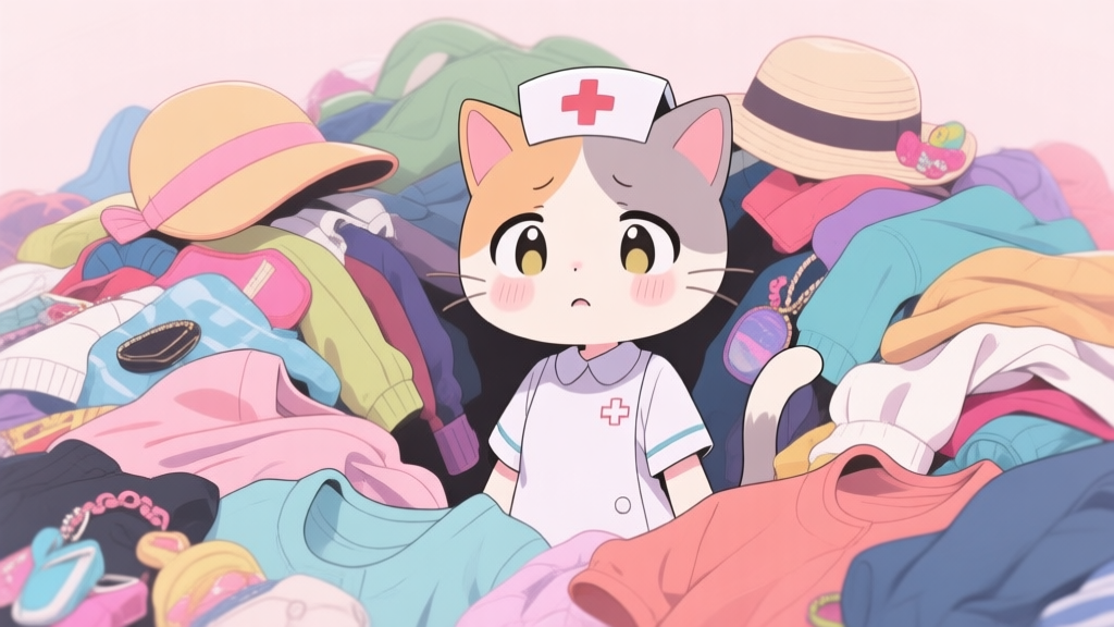A cute anime-style kitten nurse character in a simple default outfit, looking slightly confused while surrounded by a colorful, chaotic pile of clothes, hats, and accessories, soft pastel color palette high quality illustration, detailed, 16:9