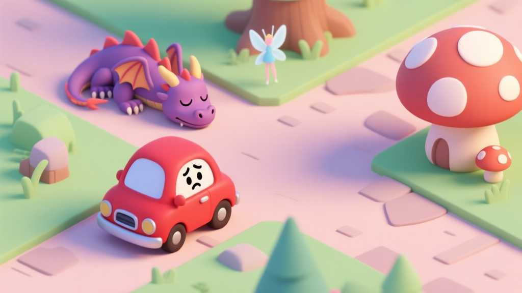 A cute red cartoon car (Wheely) looking confused at a fairy tale crossroads, with a sleeping dragon on one path and a giant talking mushroom on the other, soft pastel colors, isometric game view high quality illustration, detailed, 16:9