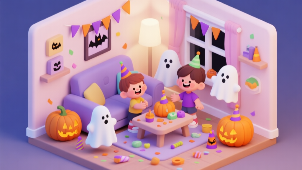 A cheerful, stylized game scene of a child's Halloween party in a cozy living room, with friendly ghosts, pumpkins, and scattered party items, soft pastel colors, isometric view high quality illustration, detailed, 16:9