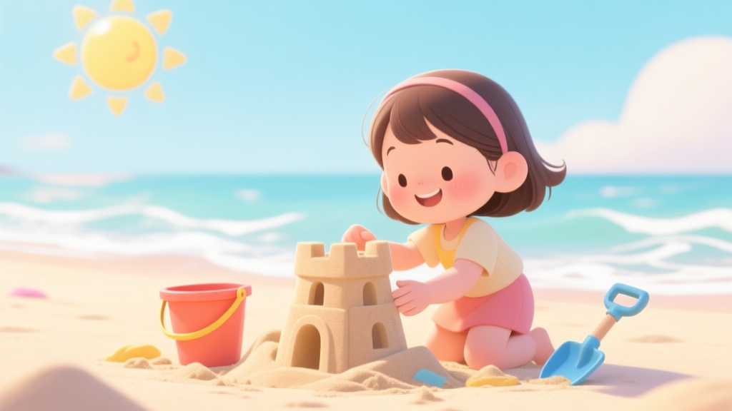 A cheerful, cartoon-style beach scene with a little girl building a sandcastle, a bucket and spade nearby, under a bright sun and gentle waves, soft pastel colors, inviting and playful atmosphere high quality illustration, detailed, 16:9