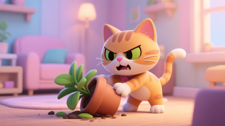 自动生成图片: A playful, stylized 3D render of a cartoon kitten character from a video game, looking mischievous while knocking over a potted plant, in a cozy virtual room with soft lighting and pastel colors high quality illustration, detailed, 16:9