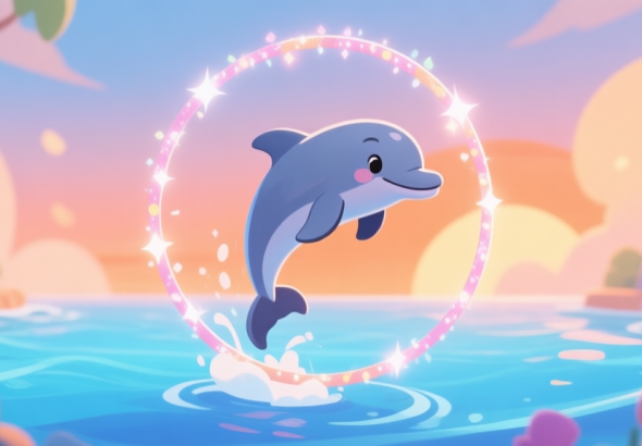 自动生成图片: A playful dolphin mid-performance in a stylized game scene, jumping through a sparkling hoop, soft pastel colors of ocean blue and sunset orange, cartoonish and friendly game art style high quality illustration, detailed, 16:9