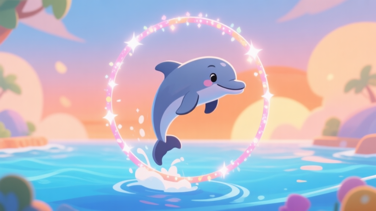 自动生成图片: A playful dolphin mid-performance in a stylized game scene, jumping through a sparkling hoop, soft pastel colors of ocean blue and sunset orange, cartoonish and friendly game art style high quality illustration, detailed, 16:9
