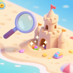 自动生成图片: A cheerful, isometric view of a sunny beach scene from a mobile game, with a magnifying glass hovering over a seemingly ordinary sandcastle, revealing hidden sparkles and items inside, cartoon style, soft pastel colors high quality illustration, detailed, 16:9