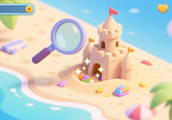 自动生成图片: A cheerful, isometric view of a sunny beach scene from a mobile game, with a magnifying glass hovering over a seemingly ordinary sandcastle, revealing hidden sparkles and items inside, cartoon style, soft pastel colors high quality illustration, detailed, 16:9