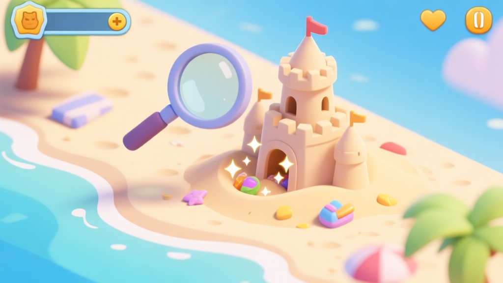 A cheerful, isometric view of a sunny beach scene from a mobile game, with a magnifying glass hovering over a seemingly ordinary sandcastle, revealing hidden sparkles and items inside, cartoon style, soft pastel colors high quality illustration, detailed, 16:9