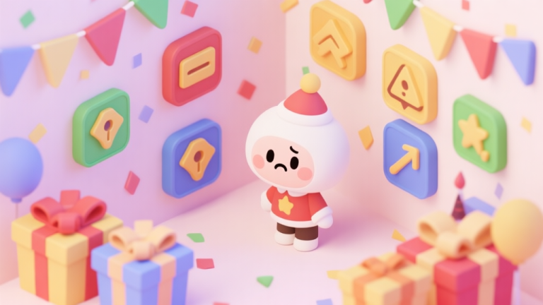 自动生成图片: A cheerful isometric illustration of a vibrant New Year's party scene with a cute character looking confused at multiple quest icons and gift boxes, soft pastel color palette, clean lines high quality illustration, detailed, 16:9