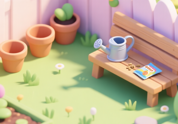自动生成图片: A cheerful, isometric view of a cartoon garden backyard with empty flower pots, a small watering can, and a packet of seeds on a wooden bench, soft pastel colors, bright sunlight, in the style of a children's educational game high quality illustration, detailed, 16:9