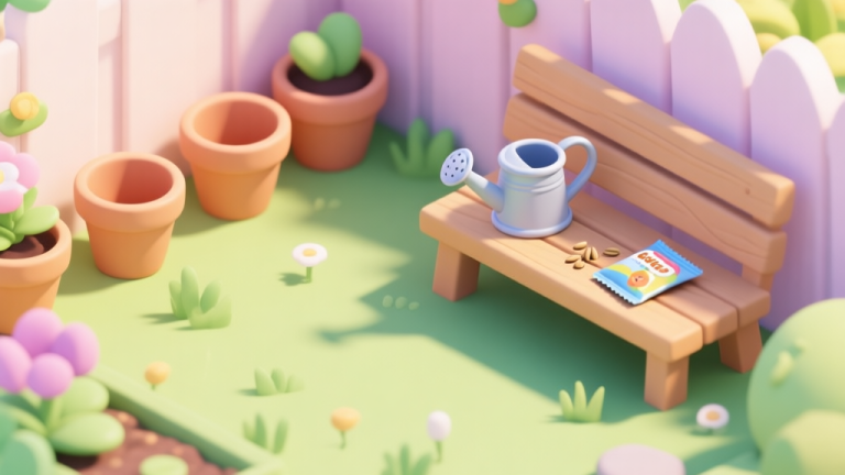 自动生成图片: A cheerful, isometric view of a cartoon garden backyard with empty flower pots, a small watering can, and a packet of seeds on a wooden bench, soft pastel colors, bright sunlight, in the style of a children's educational game high quality illustration, detailed, 16:9