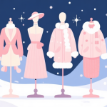 自动生成图片: A stylized, cozy winter scene with a fashion mannequin wearing a mix of elegant and playful winter clothing items, soft pastel color palette, flat design style, elements like snowflakes and sparkles in the background high quality illustration, detailed, 16:9