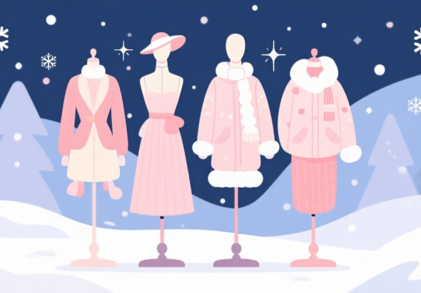 自动生成图片: A stylized, cozy winter scene with a fashion mannequin wearing a mix of elegant and playful winter clothing items, soft pastel color palette, flat design style, elements like snowflakes and sparkles in the background high quality illustration, detailed, 16:9