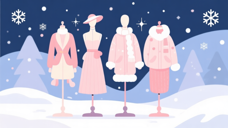 自动生成图片: A stylized, cozy winter scene with a fashion mannequin wearing a mix of elegant and playful winter clothing items, soft pastel color palette, flat design style, elements like snowflakes and sparkles in the background high quality illustration, detailed, 16:9