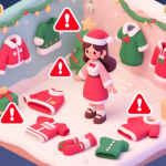 自动生成图片: A cozy, festive game UI screen showing a stylized female avatar surrounded by confusing holiday-themed clothing items, with red warning icons over mismatched pieces, soft pastel Christmas color palette, isometric view high quality illustration, detailed, 16:9