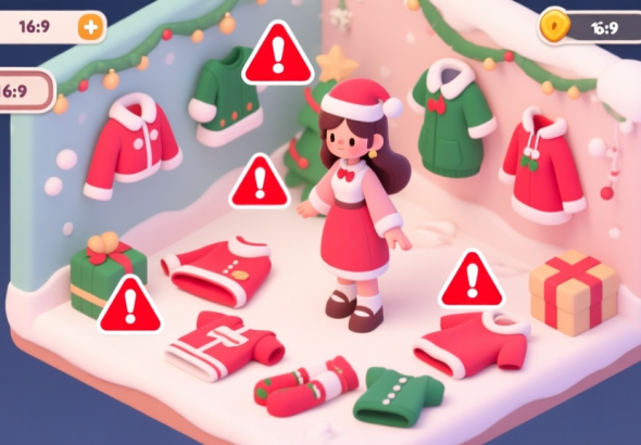 自动生成图片: A cozy, festive game UI screen showing a stylized female avatar surrounded by confusing holiday-themed clothing items, with red warning icons over mismatched pieces, soft pastel Christmas color palette, isometric view high quality illustration, detailed, 16:9